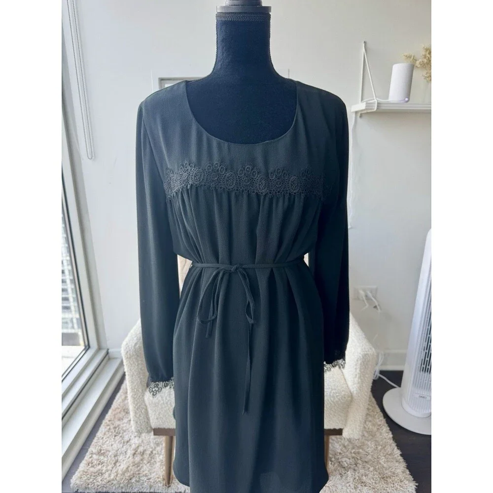 A New Day Black Long Sleeve Embroidered Tie Waist Dress Size Medium NEW - Picture 2 of 6